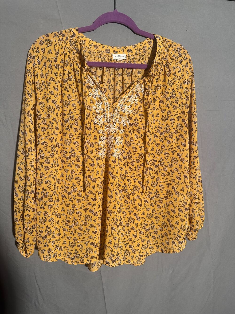 Mason & Belle XL Mustard Yellow Floral Embroidered Peasant Blouse Boho